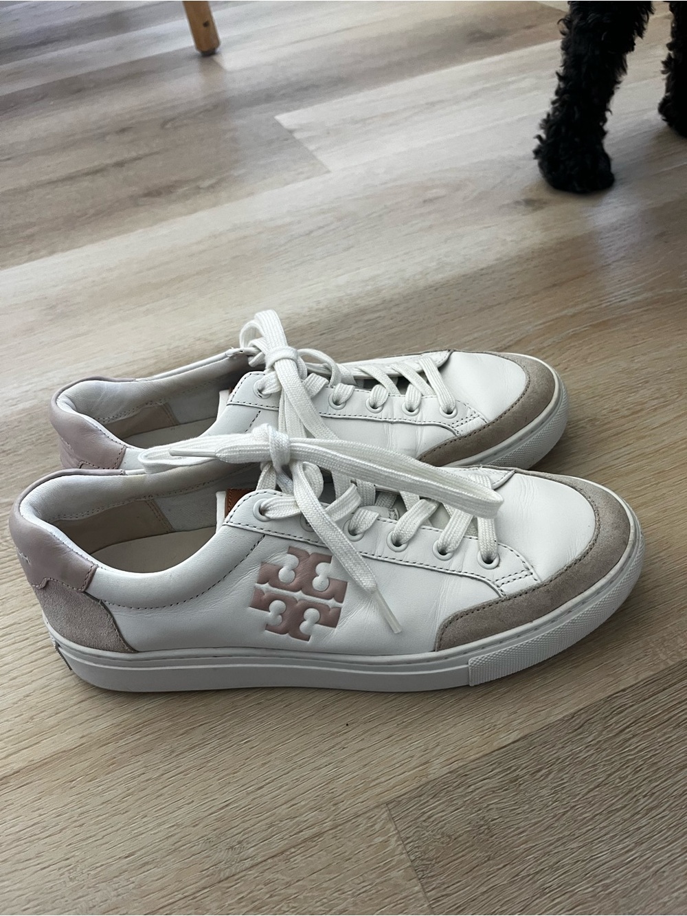 Tory Burch White Leather Sneakers with Blush Logo and Suede Accents